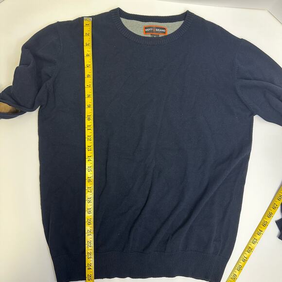 Mott & Grand XL Navy Sweater with Tan Elbow Patches | Men’s Knit Pullover - Picture 5 of 7